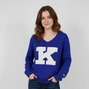 Alma Mater UK Royal Blue V-Neck Knit Sweater LG Cozy Collegiate Warm Retro